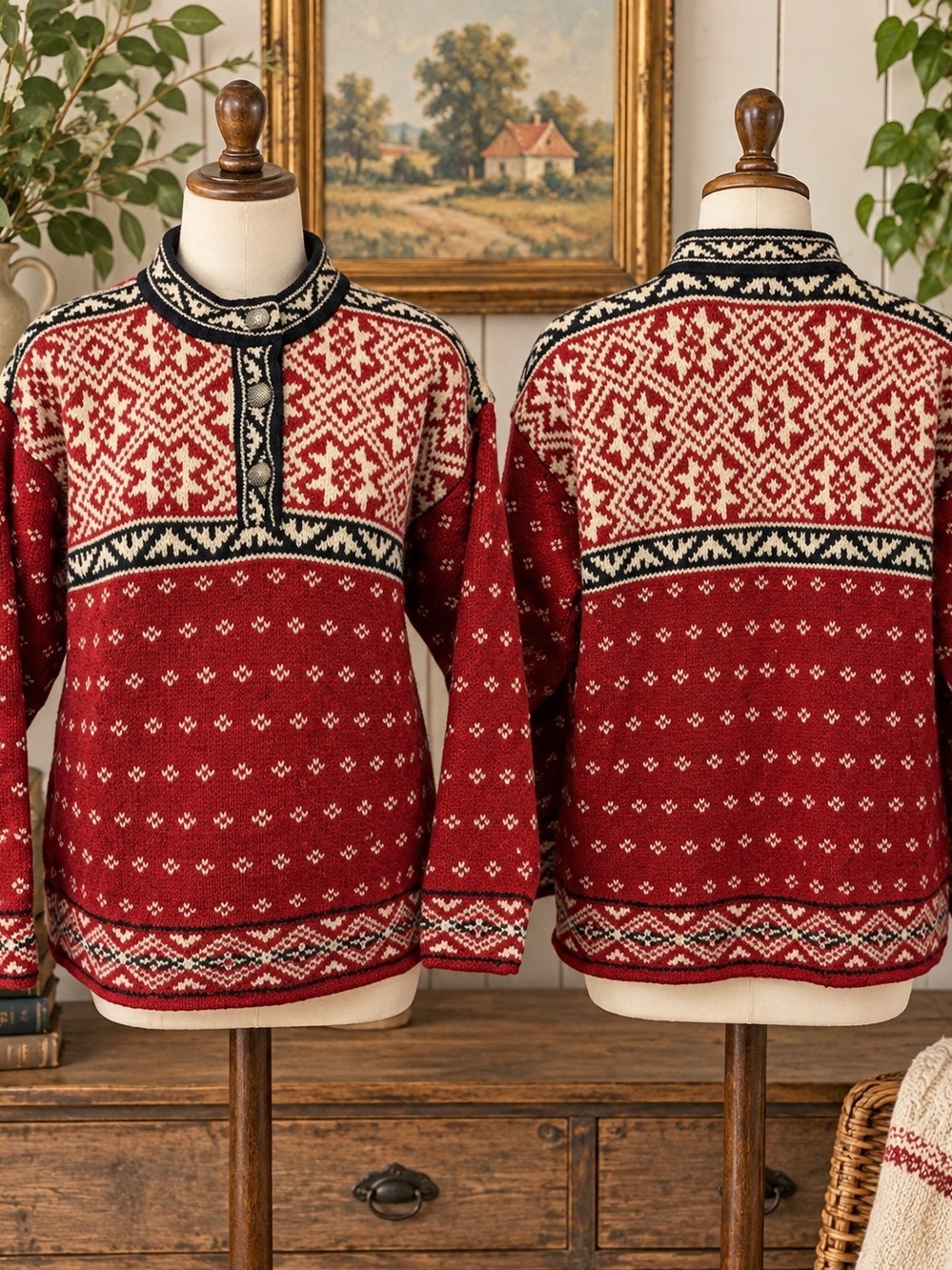 L. L. Bean Made in USA Women's Nordic Fair Isle Red White Snowflake Sweater M